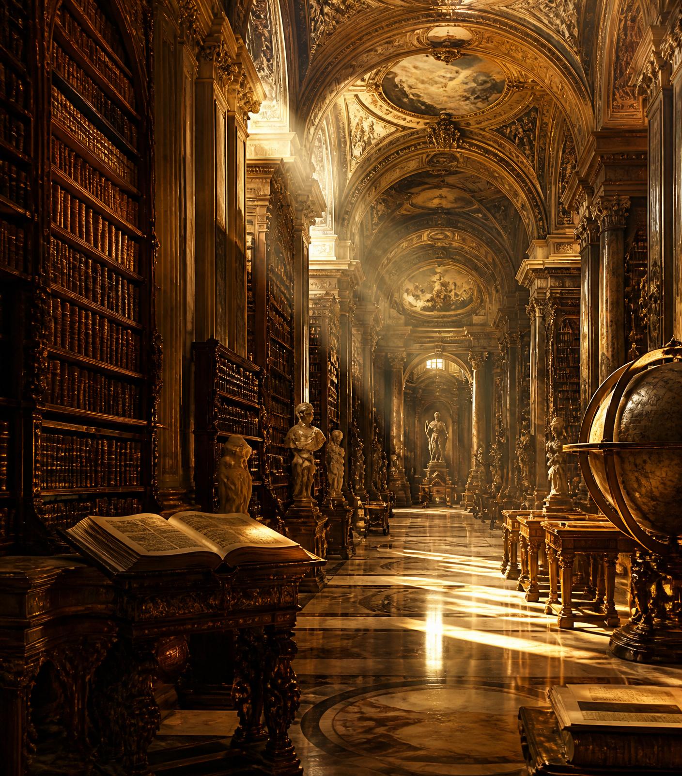 Biblioteca histórica iluminada por luz dourada